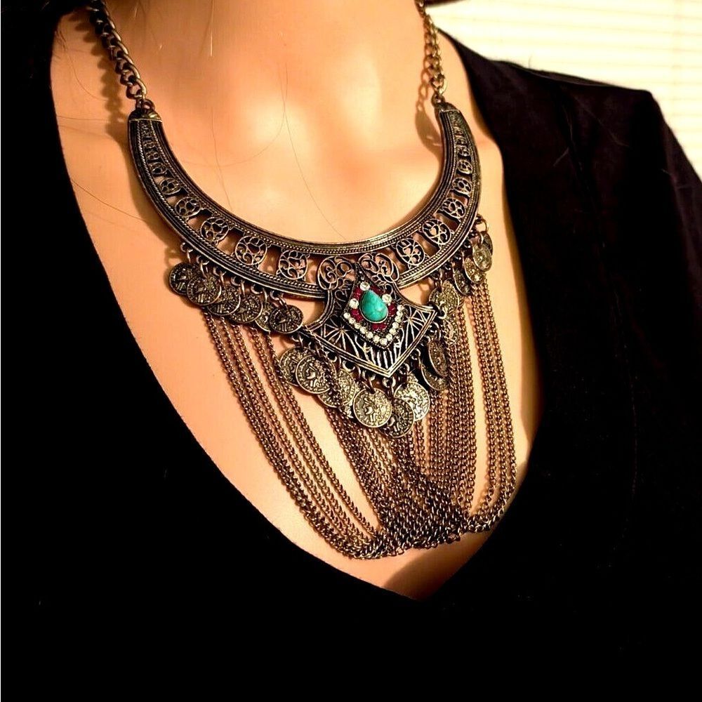 Park Lane Pharoah Faux Turquoise Drop Chain Boho Burnished Gold Tone Necklace​​​